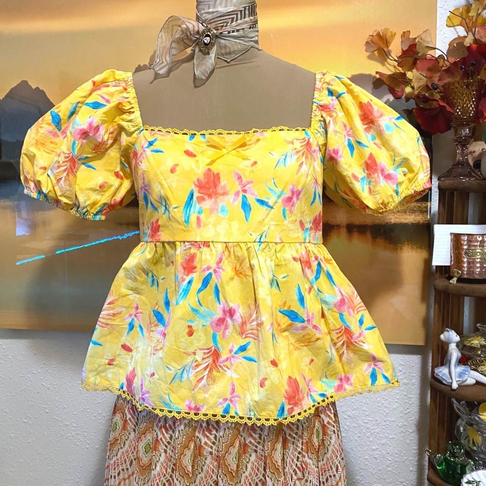Umgee Yellow Floral Puff Sleeve Peplum Top (Bin 2)